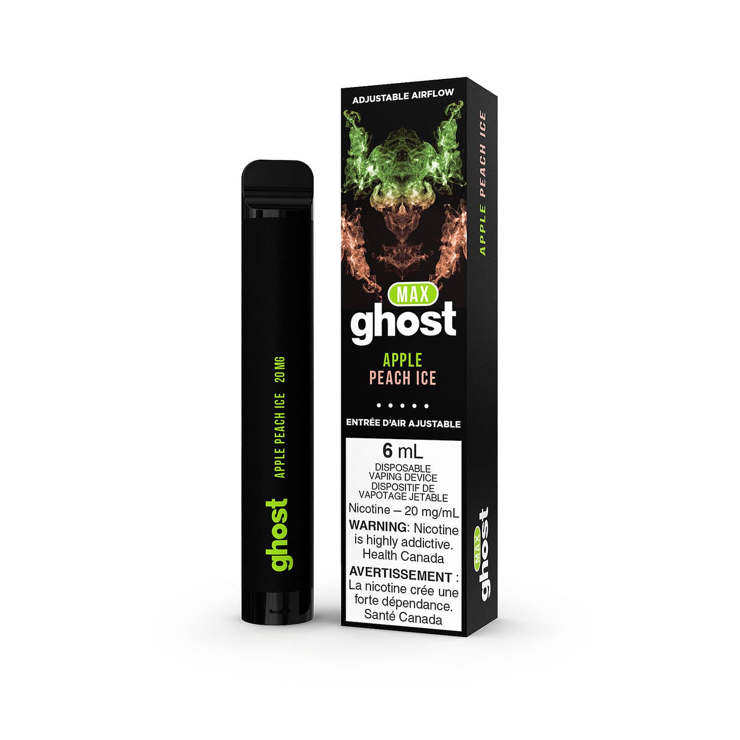 GHOST MAX Disposable Apple Peach Ice is an excellent blend of crisp juicy apples, ripe plump peaches, infused with a splash of ice.